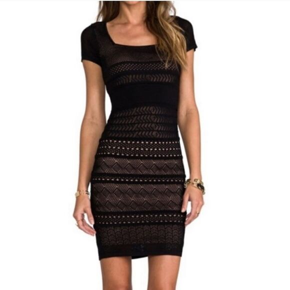 Catherine Malandrino Favorites Short Sleeve Crochet Black Bodycon Mini Dress M - Picture 2 of 14
